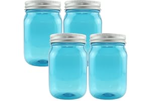 Cornucopia Brands Small Coin Bank Jars (4-Pack, Blue); 16oz Plastic Mason Jar Coin Banks w/SIlver Slotted Lids