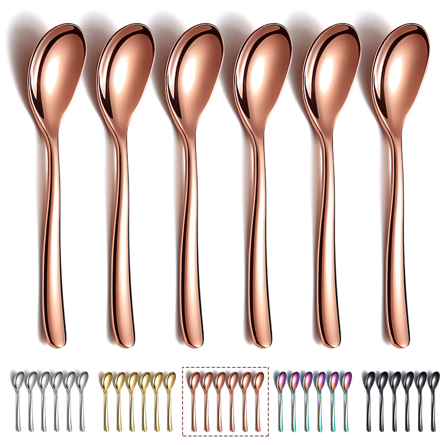 Rose Gold Teaspoons 6 Pieces, Kyraton 14cm Stainless Steel Titanium Plating Rose Gold Coffee Spoons Espresso Spoons, Dessert Spoons Tea Spoons, Small Mini Spoons Set for Parties, Dishwasher Safe
