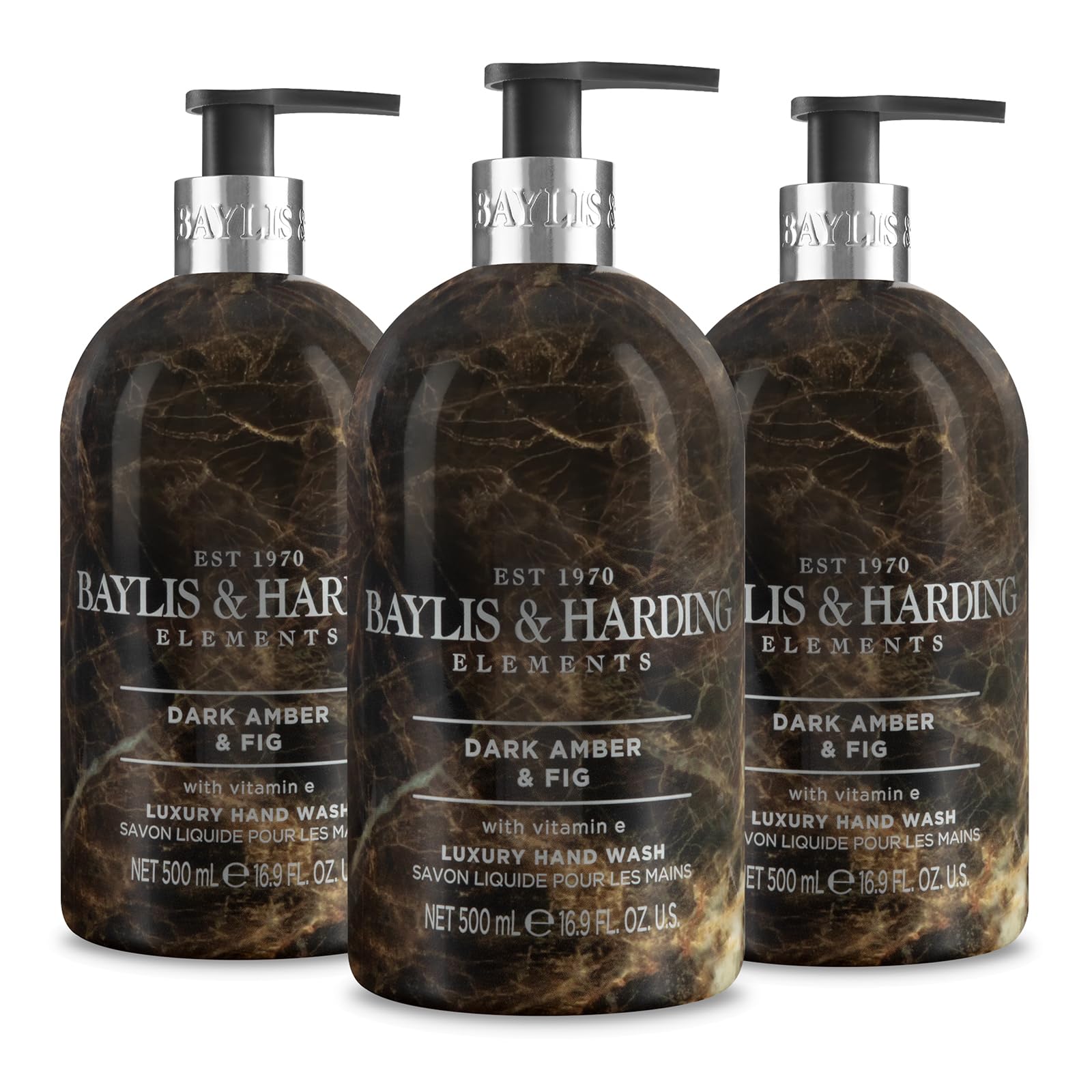 Baylis & Harding Dark Amber & Fig Elements Hand Wash, 500 ml (Pack of 3) - Vegan Friendly