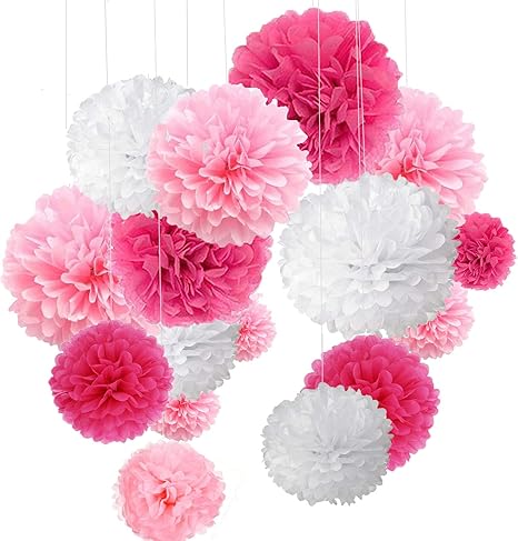 15pcs Papier Fleur Pompon Boule A Suspendre 6 10 12 Rose Decor Mariage Fete Amazon Fr Cuisine Maison