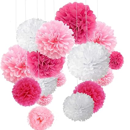 15er Set Pompoms Deko Bunt Seidenpapier Pompons für Hochzeit, Geburtstag, Party Rot Rosa Weiß (3pcs*30.5cm/6pcs*25cm/6pcs*15.