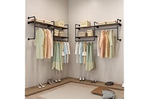 EDCB Industrial Pipe Clothing Rack Wall Mounted - Heavy Duty 2-Tier Closet Organizer with Wood Shelves & Dual Hanging Rods for Bedroom/Retail Store