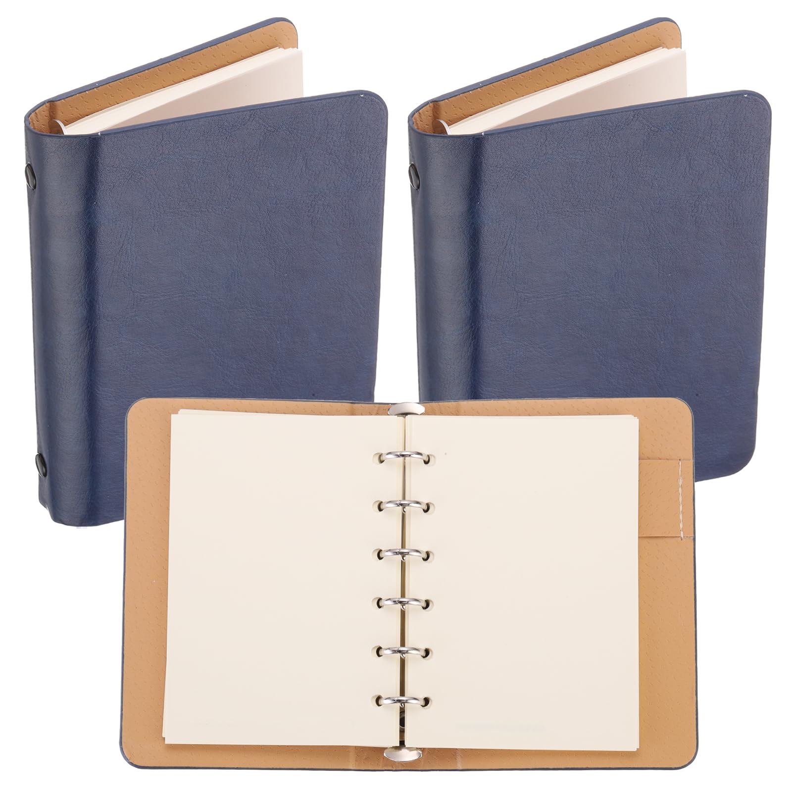 PATIKIL 6 Ring Binder Cover, 2 Pack A7 Leather Notebook Binder Mini Refillable Loose Leaf Personal Planner with 100 Sheets Paper, Blue