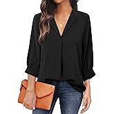 Unixseque Women's Casual Chiffon V Neck 3/4 Sleeve Business Tops Loose Work Blouses