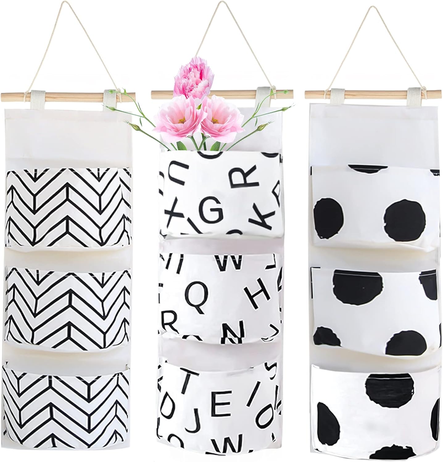 3Pcs Wall Closet Hanging Storage Bag, Waterproof Linen Over The Door Organizer with 3 Width Pockets,Fabric Wall Hanging Storage Pouches for Bedroom Bathroom(Arrow/ Letter/Dot)