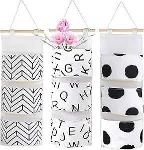 3Pcs Wall Closet Hanging Storage Bag, Waterproof Linen Over The Door Organizer with 3 Width Pockets,Fabric Wall Hanging Storage Pouches for Bedroom Bathroom(Arrow/ Letter/Dot)