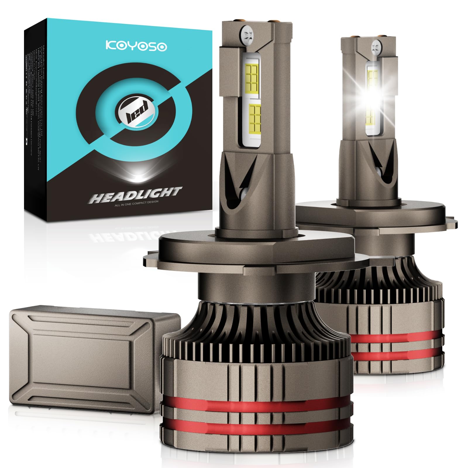 KOYOSO H4 LED Headlight Bulbs, 10000LM Car Motorcycle Headlamp Front Light Bulbs, Direct Halogen Replacement, Xenon White 6000K 12V, 2 Lamps