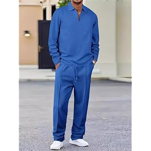 Men's Waffle Knit Outfit Sets, Casual Quarter Zip Long Sleeve Polo Shirt and Drawstring Straight Leg Pants for Daily Wear