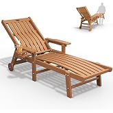 THOEOE Outdoor Chaise Lounge Chair, HDPE Pool Lounge Chair, Wood | Oversized patio lounge chairs for outside with wheels &amp; cup holder, 5 adjustable position for,pool,deck