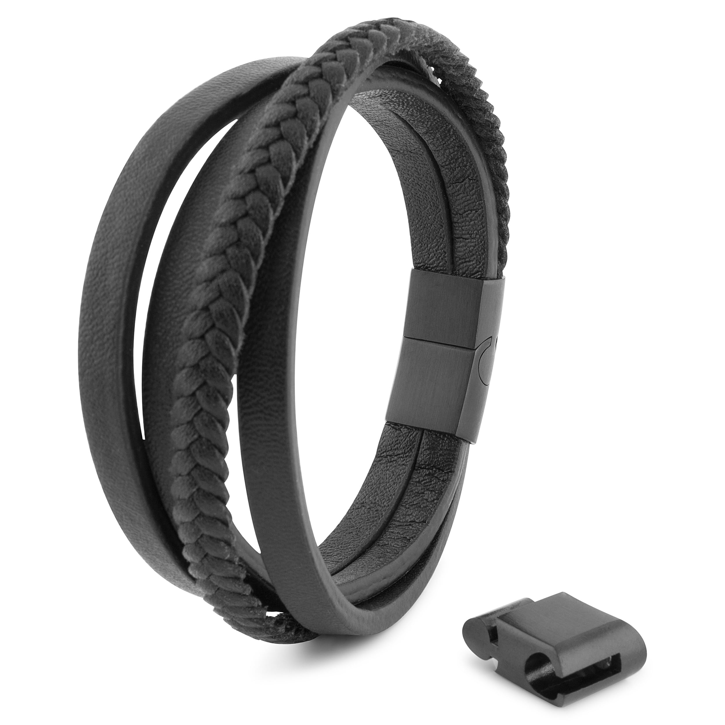 Akitsune Pathfinder Synthetic Leather Bracelet | Magnetic Clasp Stainless Steel - Braided Mens Bangle Wristband | incl. Beautiful Jewelry Gift Box - Black-Black - 23cm