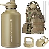 ONETIGRIS Tactical Half Gallon Water Bottle with Straw - 64 oz Vacuum Insulated Stainless Steel Water Jug, Leakproof Sport Bottle with 3 BPA Free Lids, Paracord Handle & MOLLE Water Pouch for Outdoor