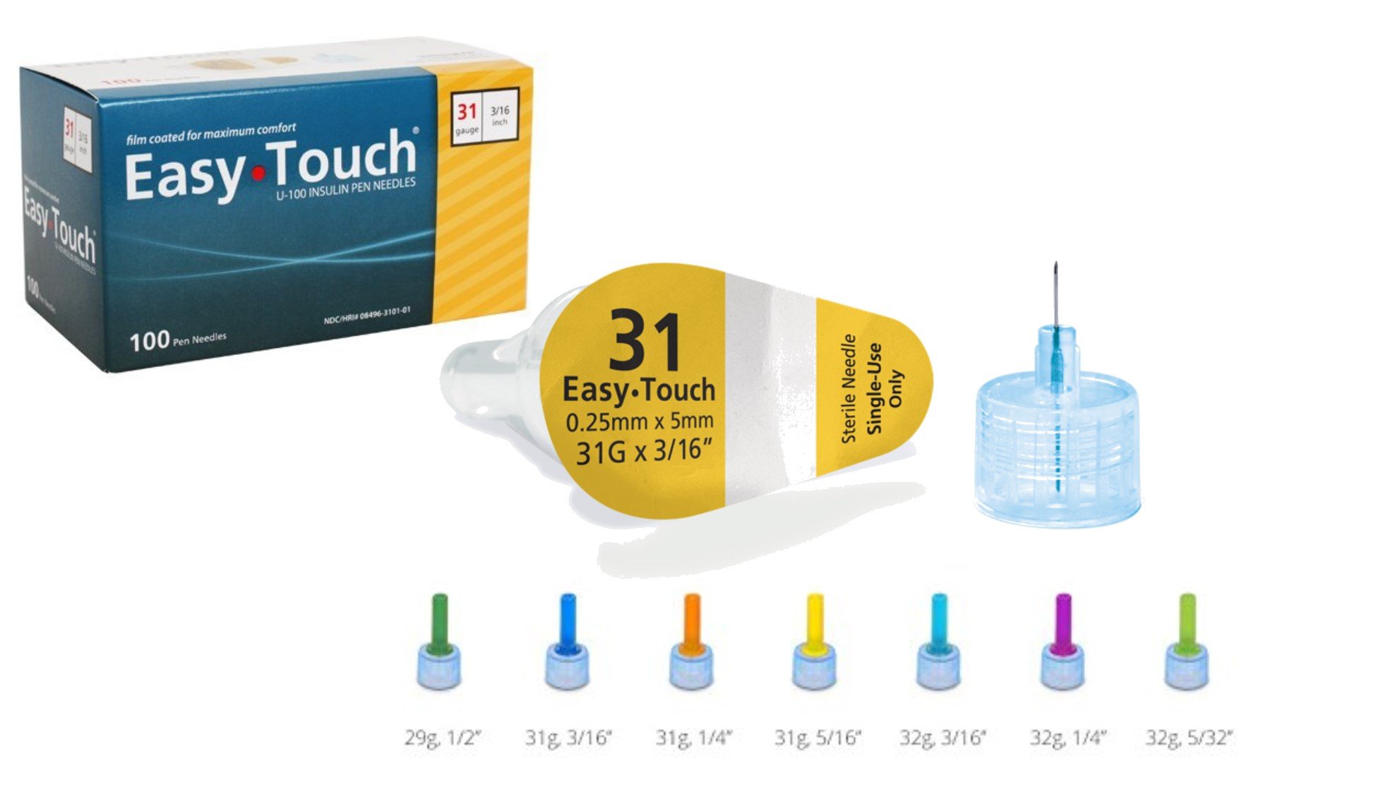 Easy Touch Pen Needles 31 Gauge, 1/4 Inches, box of 100