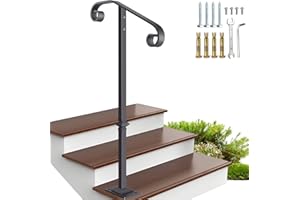 Zwinz Handrail Railing 38.8‘’H, Single Post Handrail Fits 1 or 2 Steps, Sturdy Outdoor Stair Railing for Concrete&Wooden Steps with Base, Wrought Iron Stair Handrails, Grab Rail for Steps Porch, Gray
