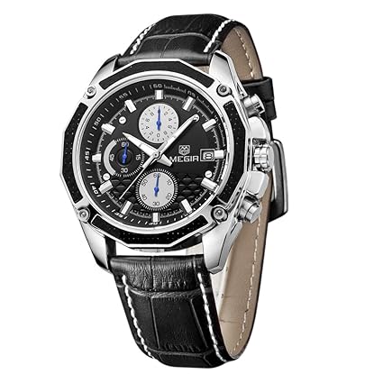 MEGIR Official Quartz Men Watches Fashion Genuine Leather Chronograph Watch Clock for Gentle Men Male Students