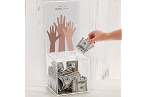 YOUEON Square Acrylic Donation Box with Lock, 7x7x7 Inch Clear Suggestion Box with Slot and Lock, Ballot Box with Sign Holder