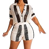VOIKERDR Shorts Sets Women 2 Piece Outfits Crochet Hollow Out Shirt and Shorts Summer Vacation Beach Clothes