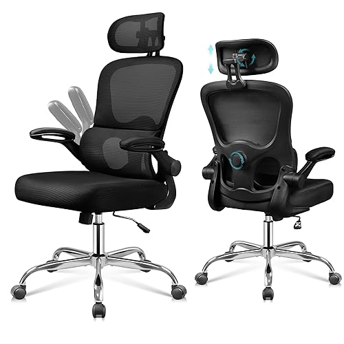 DEVAISE Office Chair, Ergonomic Office Chair with Dynamic Lumbar Support, 10cm Thick Cushion, Flip-up Armrests & Adjustable Headrest, Breathable Mesh Chairs for the Home/Office, Black
