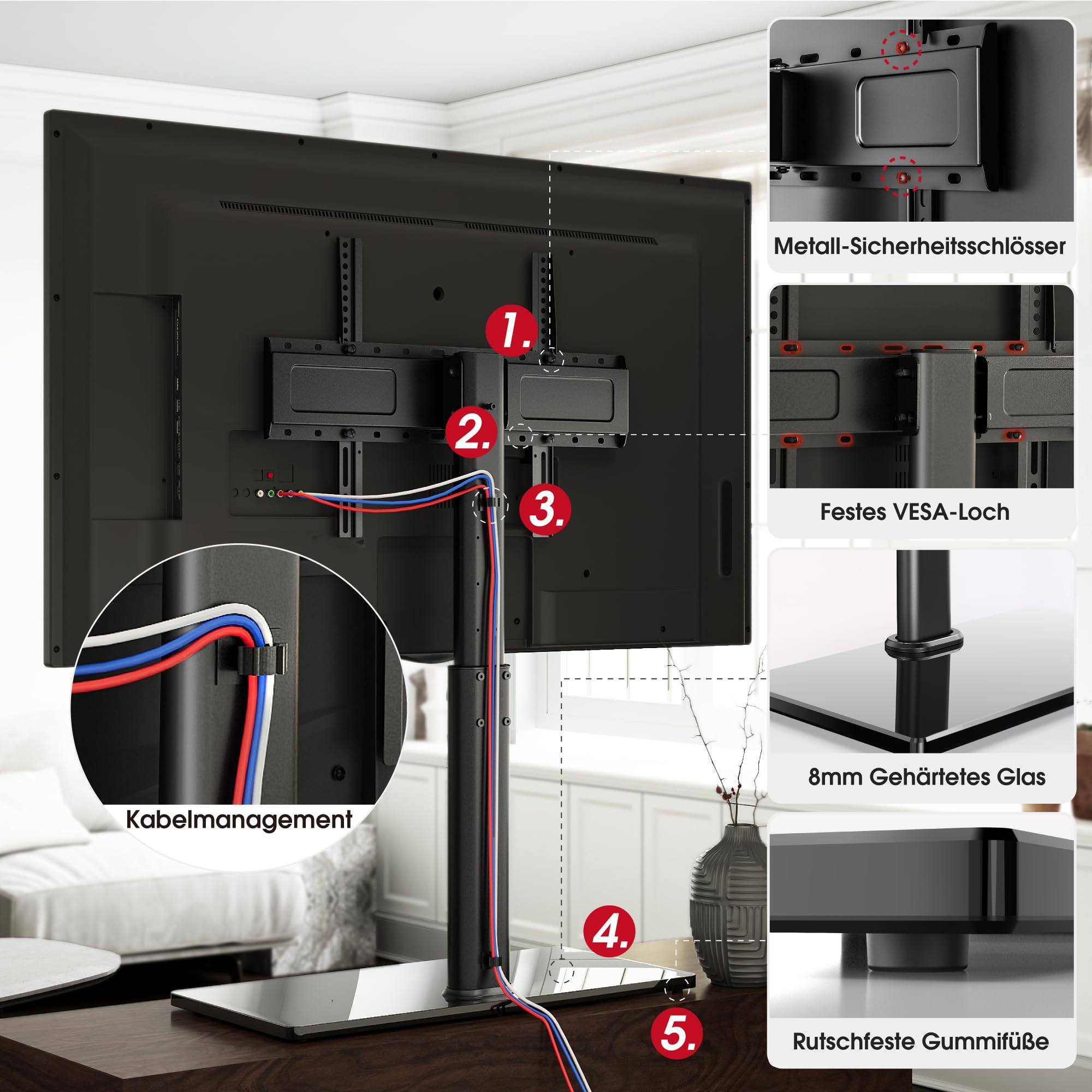 AOKCOS TV Standfuss TV Ständer Höhe 1130mm für 43-75 85 Zoll Fernseher, Neigbar Schwenkbar Höhenverstellbar Fernsehständer, Universal TV Standfüße Standfuss Max VESA 600x400mm 50KG (Schwarz) 5