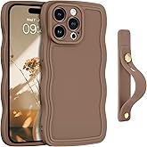 GUAGUA for iPhone 15 Pro Max Case with Wrist Strap, Cute Curly Wave Phone Case iPhone 15 Pro Max with Adjustable Wristband Kickstand Shockproof Anti Slip Phone Case for iPhone 15 Pro Max 6.7'', Brown