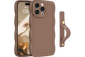 GUAGUA for iPhone 15 Pro Max Case with Wrist Strap, Cute Curly Wave Phone Case iPhone 15 Pro Max with Adjustable Wristband Kickstand Shockproof Anti Slip Phone Case for iPhone 15 Pro Max 6.7'', Brown