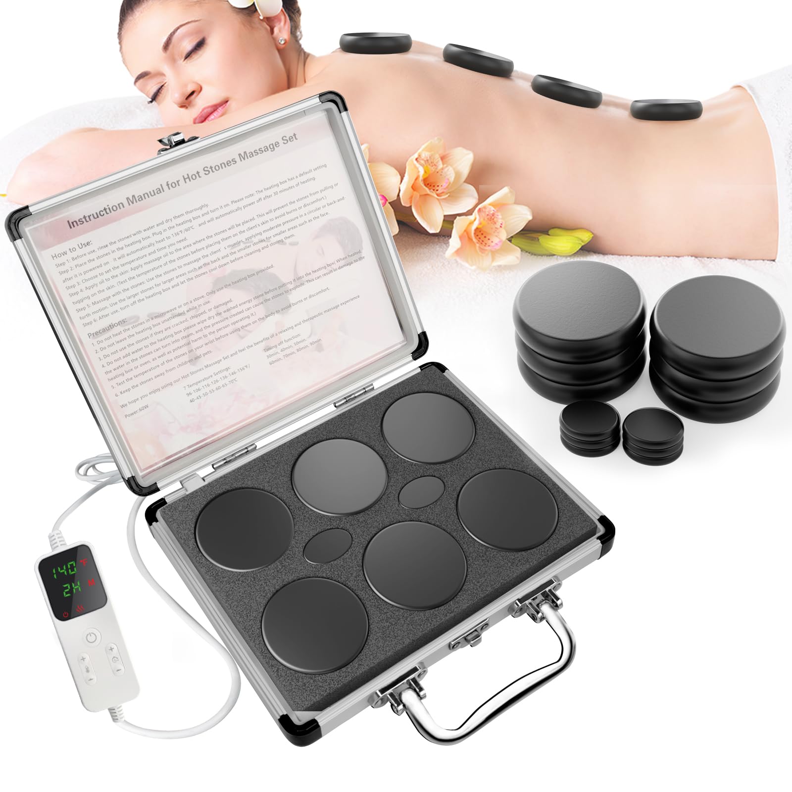 Photo 1 of GLXPJU 12Pcs Hot Stones Massage Set with Temperature Adjustment?Hot Rocks Massage Stones Set with Warmer Kit? Basalt Hot Rocks Stone for Spa-Lymphatic Drainage, Relieve Tension and Muscle Pain
