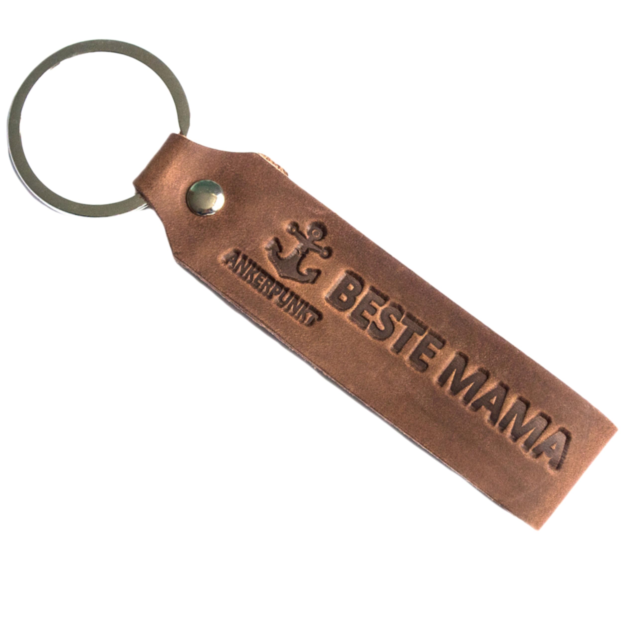 Anchor Point Key with Best Mum Engraved, Full Cow Leather Men's Made In Germany (Dark Brown Used Look