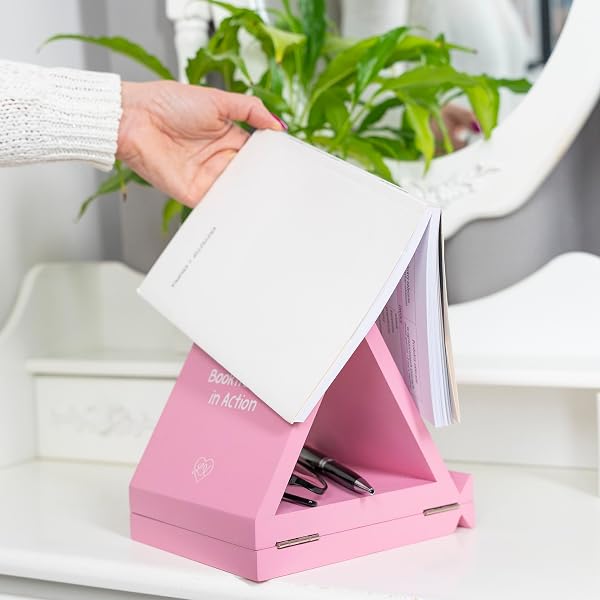 WOODEN TRIANGLE BOOK REST WITH CUP HOLDER, BOOK NOOK READING VALET, GIFTS FOR BOOK LOVERS WOMEN, FOLDABLE NO ASSEMBLY REQUIRED, KINDLE HOLDER, INCLUDES FREE PAGE HOLDER (PINK)