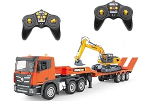Fistone RC Semi Truck & Excavator Toy Set, 2.4Ghz Remote Control Flatbed Truck with Excavator Toys, 1:24 RC Semi-Trailer Engineering Tractor with Sound and Lights, Construction Vehicles Toy for Boys