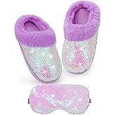 Girls Plush Sequin Slippers With Sleep Mask, Cute Faux Fur Slip-on Shoes Memory Foam House Shoes for Girls Bedroom Slippers