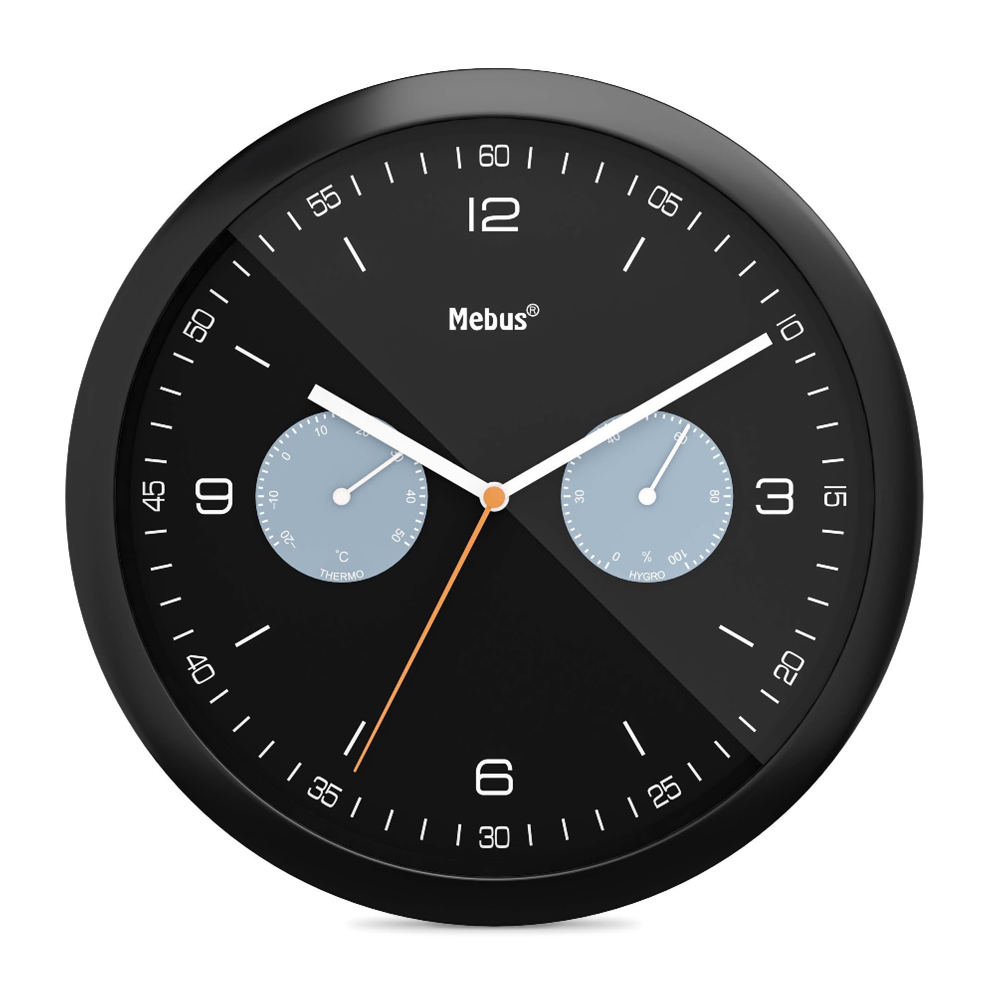 Mebus Quartz Wall Clock with Thermometer and Hygrometer/Plastic/Round/Model: 16100 / Colour: Black/Diameter 26 cm