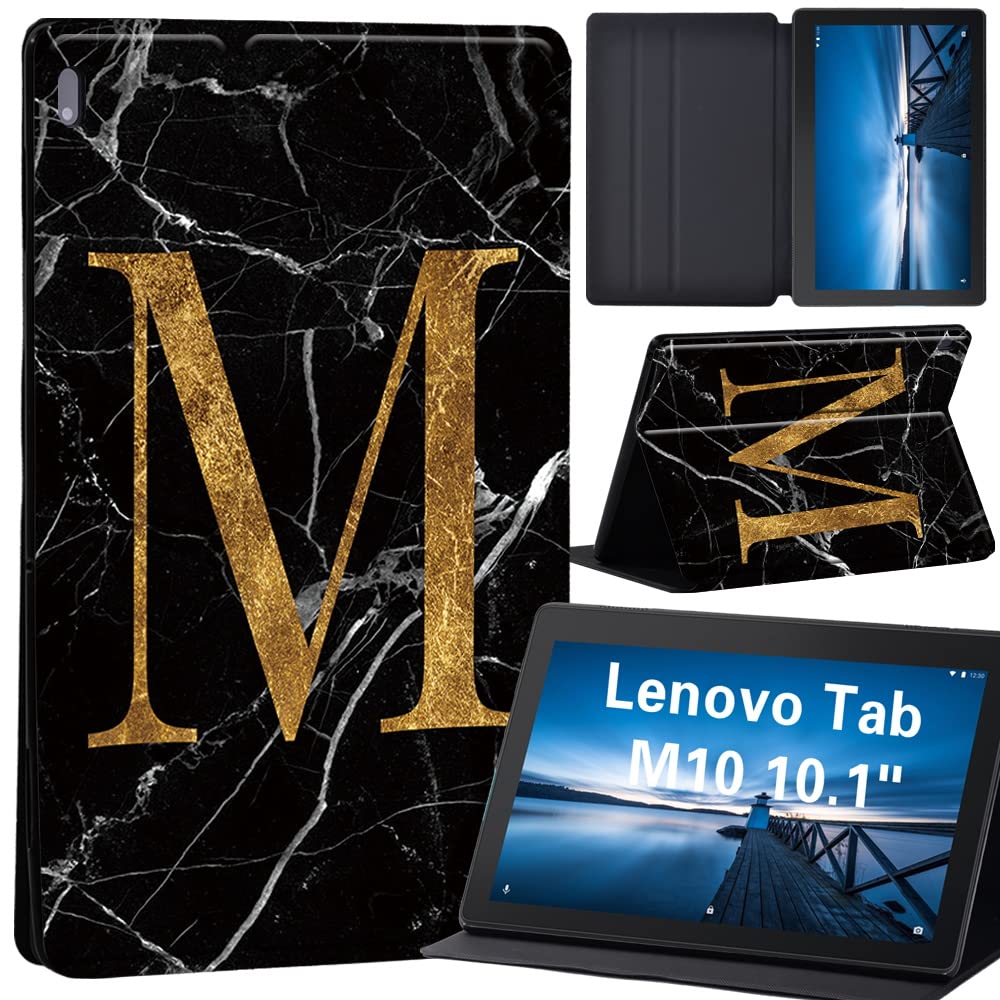 Case for Lenovo Tab M10 TB-X605F/ TB-X605L/ TB-X505F/ TB-X505L - Leather Stand Cover Case for Lenovo Tab M10 10.1-Inch Tablet (letter M on black marble)