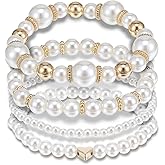 Yolev 4Pcs Pearl Bracelets for Women Stackable Stretch Bead Bracelets Elastic Pearl Bracelet for Bridesmaid Bridal Wedding