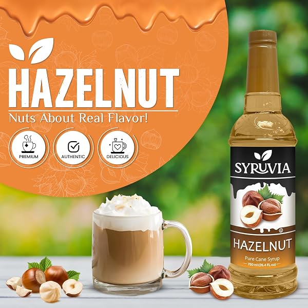 SYRUVIA COFFEE SYRUP, HAZELNUT FLAVORED SYRUP FOR DRINKS, LATTES, AND DESSERTS – 25.4 FL OZ – WITH PUMP
