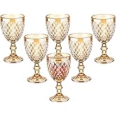 Vintage Wine Glasses Set of 6, 10 Ounce Colored Glass Water Goblets, Unique Embossed Pattern High Clear Stemmed Glassware Wedding Party Bar Glass Drinking Cups Diamond Amber