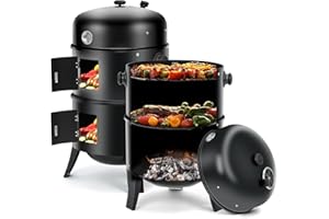 DOINUO 3-in-1 Vertical Charcoal Smoker Grill 16 Inch Portable Outdoor BBQ Smoker Grills with Built-in Thermometer, Air Vent, 2 Access Doors and 3 Hooks Idea for Patio Camping Backyard Barbecue Cooking
