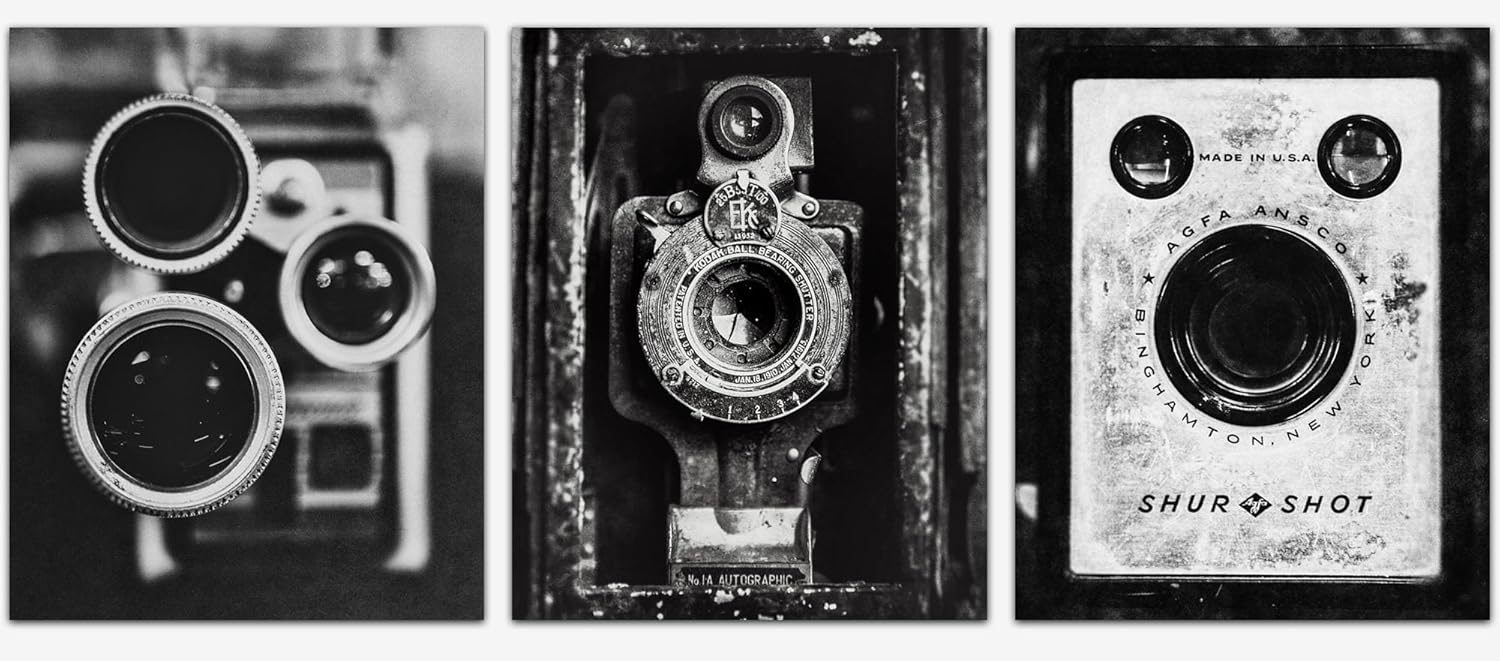 Photographs - LISA RUSSO FINE ART - Black and White Vintage Camera Prints for Rustic Industrial Wall Decor - Set of 3 8x10” Unframed Fine Art Photos - Office Wall Art, Photographer Gift, Gift for Him