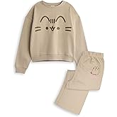 Pusheen Girls Sweatshirt & Joggers Set | Kids Big Character Face Graphic Print Sweater & Bottoms in Beige