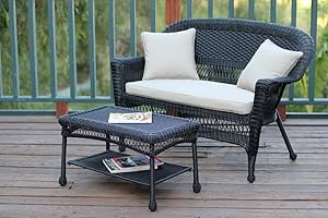 Jeco Wicker Patio Love Seat and Coffee Table Set with Tan Cushion, Black