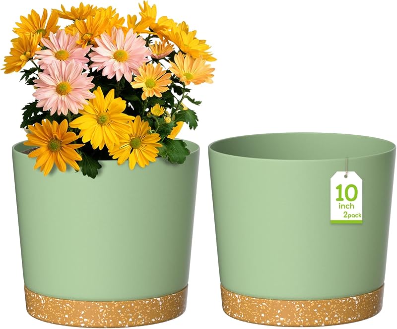 ZMTECH 25cm Plant Pots Modern Planters with Drainage Holes Set of 2 Green