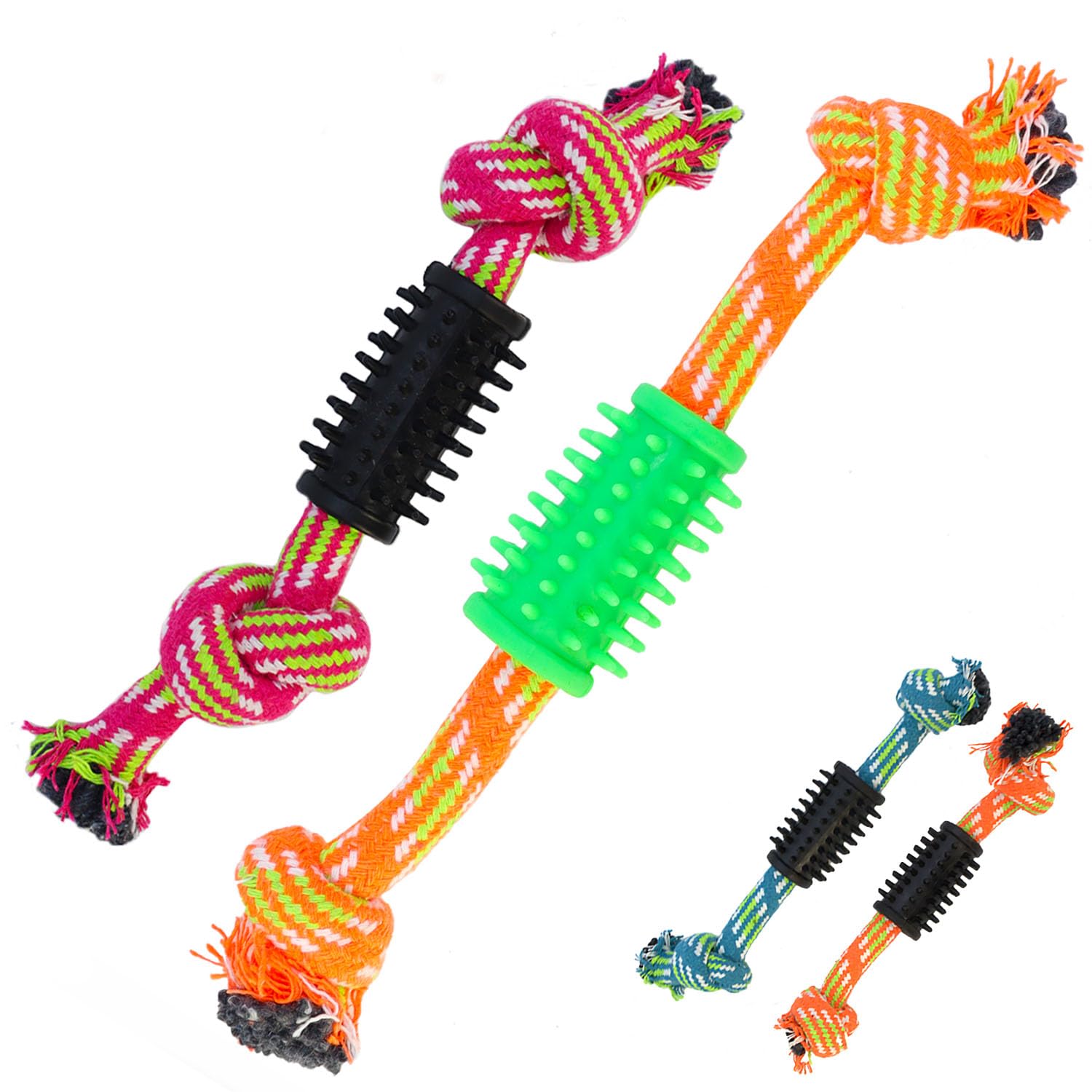 Navoys Pack of 2 Knotted Dog Ropes - Chew Toys, Chew Rope with Rubber Spike Cylinder for Dog Teeth Cleaning, Multi-Functional