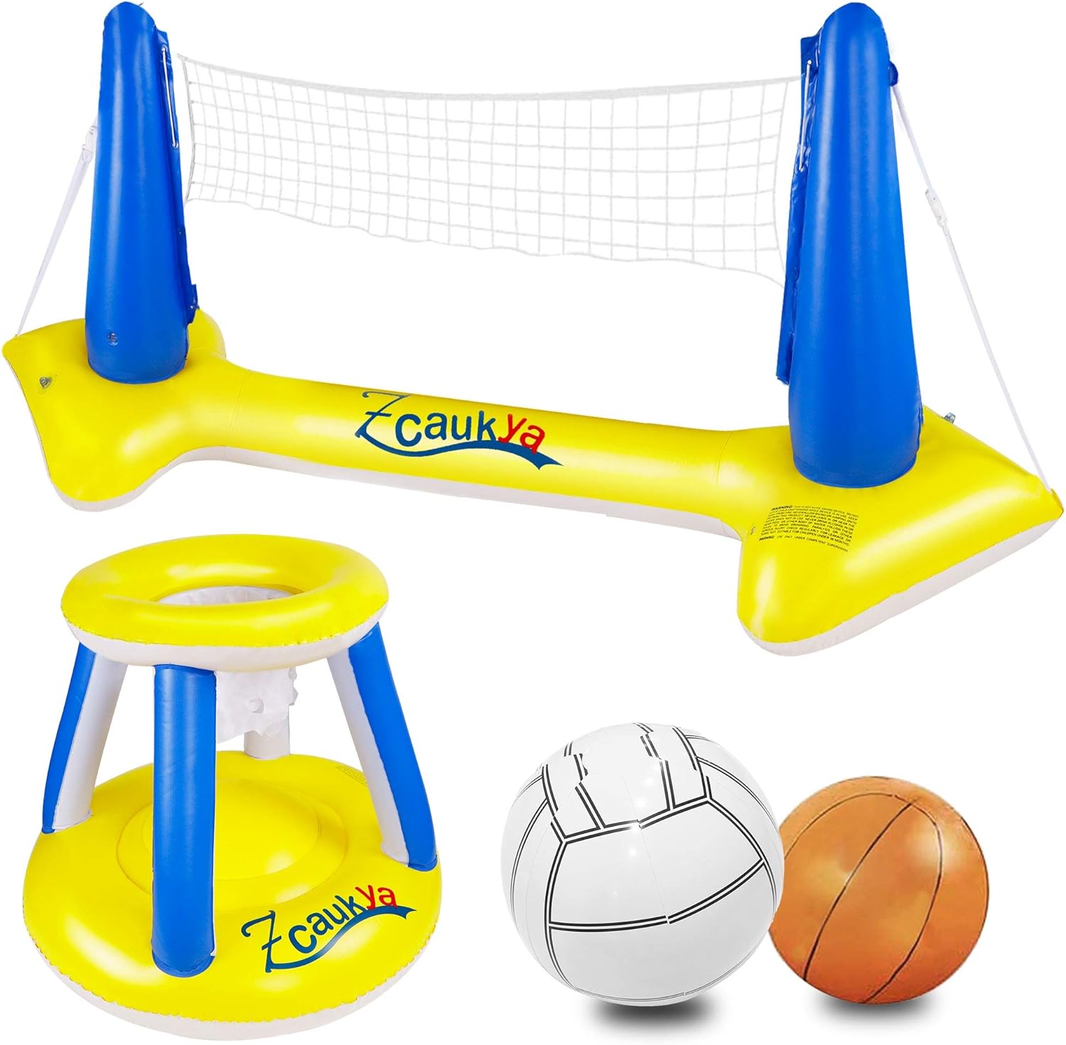 Zcaukya Inflatable Pool Float Set, Inflatable Volleyball Net & Basketball Hoop with Balls, Inflatable Pool Floating Volleyball Basketball Set Swimming Pool Games for Kids Adults: Toys & Games