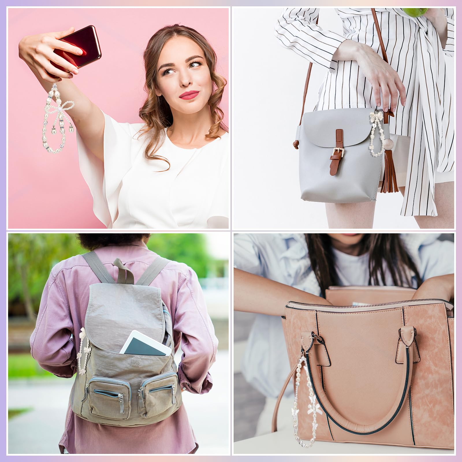 Draupnir 4pcs Phone Charms Strap, Butterfly Bow Camera Strap Wrist Beaded Phone Bracelet Wrist Straps, Pearl Bracelet Lanyard Keychain Charm for Women