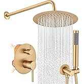 SGUVK Brushed Gold Shower Faucet Set, Bathroom Rainfall Shower System Fixture 10 Inch High Pressure Round Rain Shower Head with Handheld Sprayer Combo Wall Mount with cUPC Certified Rough-in Valve
