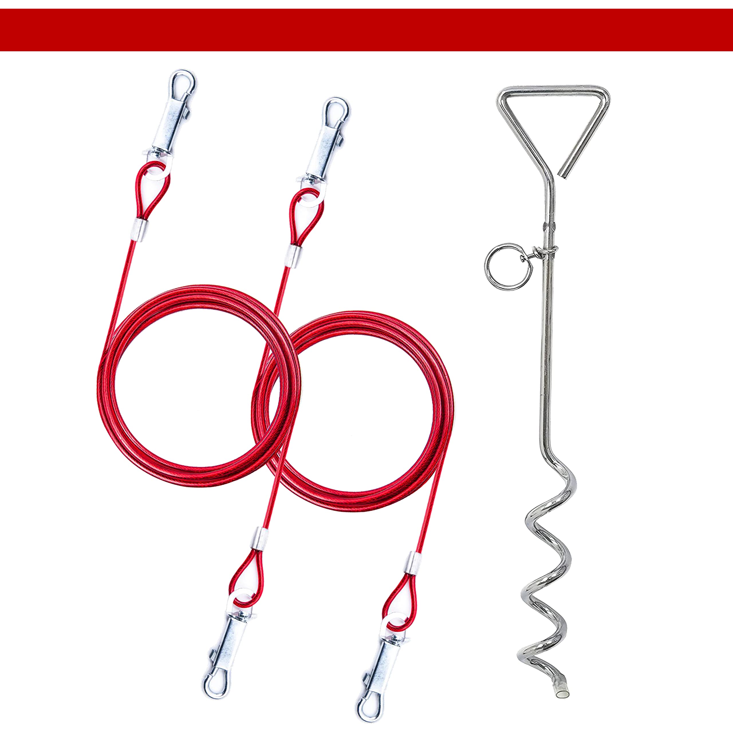 Petopedia 2 X 1.8m Dog Chains for Outside, Dog Tie Out Cable & Steel Spiral Heavy Duty Ground Spike Stake (40cm), Red