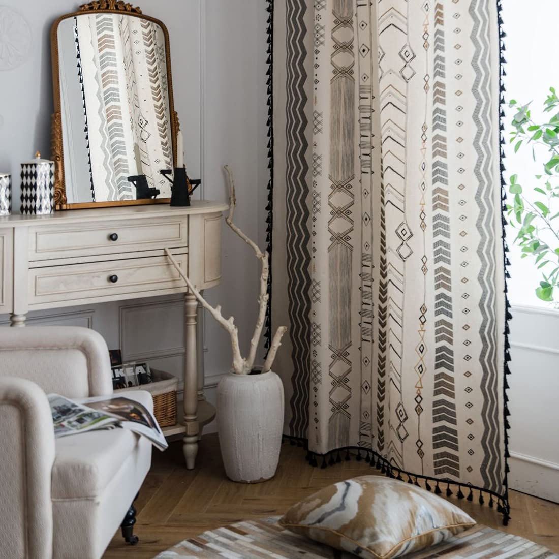Xlabor Boho Vintage Curtains with Tassel Semi Blackout Curtains with Eyelets Cotton Linen Decorative Curtain for Living Room Bedroom Pack of 1 Motif B 150 x 220 cm