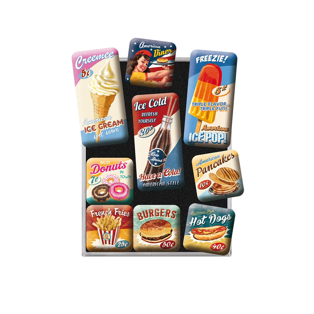 Nostalgic-Art, Retro-Style Fridge Magnets, American Diner – Gift idea for USA fans, Magnet set for notice board, vintage design, 9 pieces