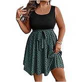 SOLY HUX Women's Plus Size Polka Dots Sleeveless Summer Tank Dress Belted Vacation Beach Flowy Short Dresses