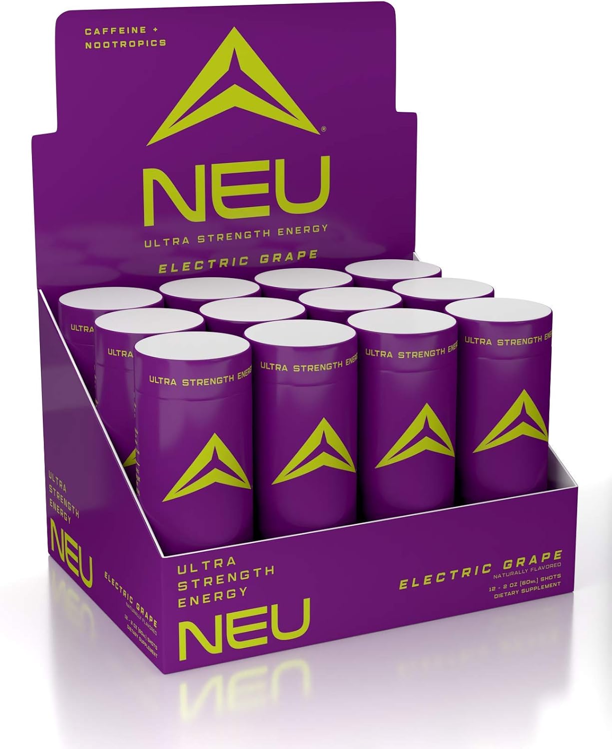 NEU Extra Strength Nootropic Energy Shots, Energy Drink: Brain Booster Focus Supplement, Coffee Alternative Nutritional Drink + Keto Energy Pre Workout, Zero Sugar, Electric Grape 2 Fl Oz: Health & Personal Care