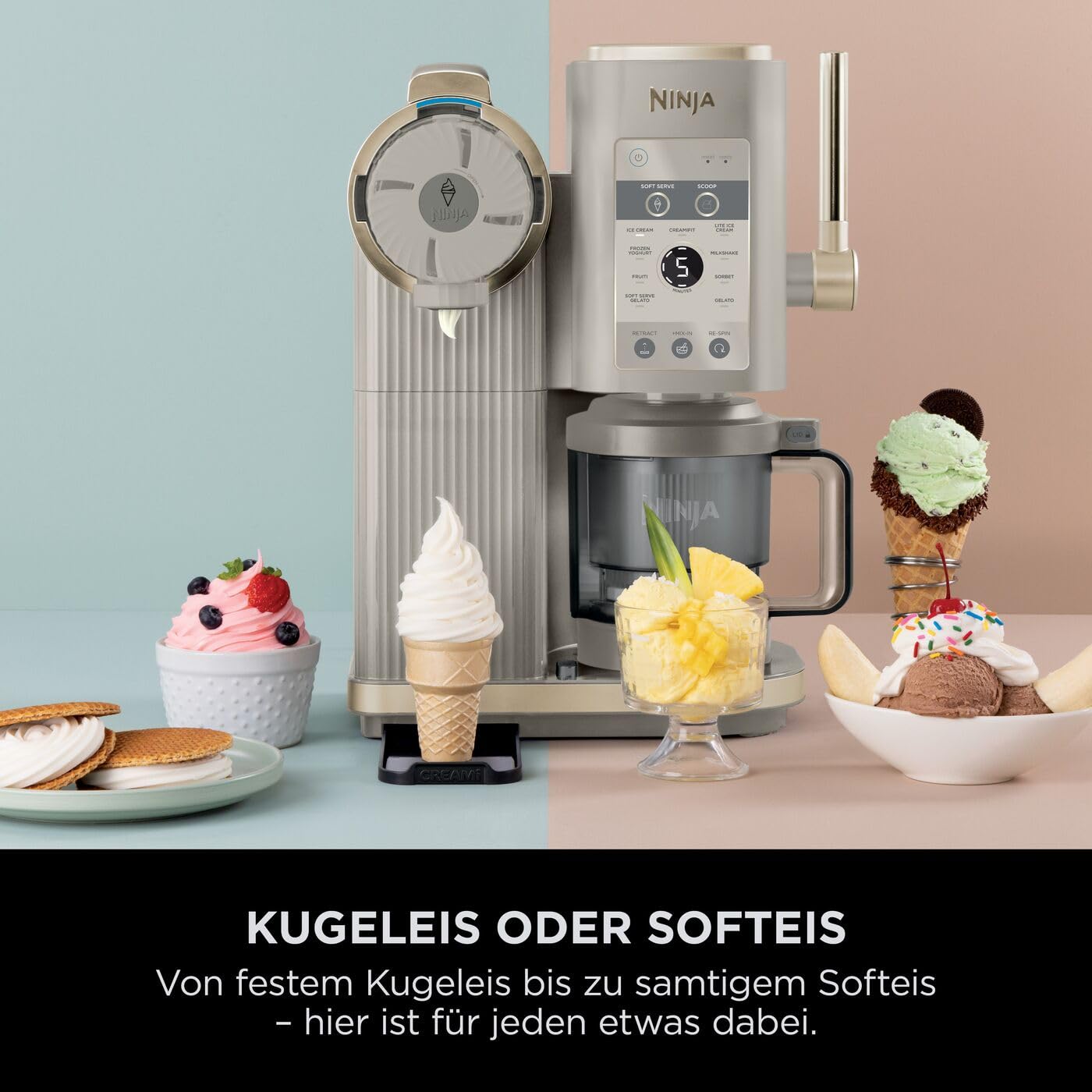 Ninja CREAMi Scoop & Swirl Eismaschine mit 2 Behältern, 13 Funktionen, für Eiscreme, Softeis, Gelato, Sorbet, Milchshakes und mehr, mit Mix-In-Funktion, Stone Gold NC701EUSTGD 3