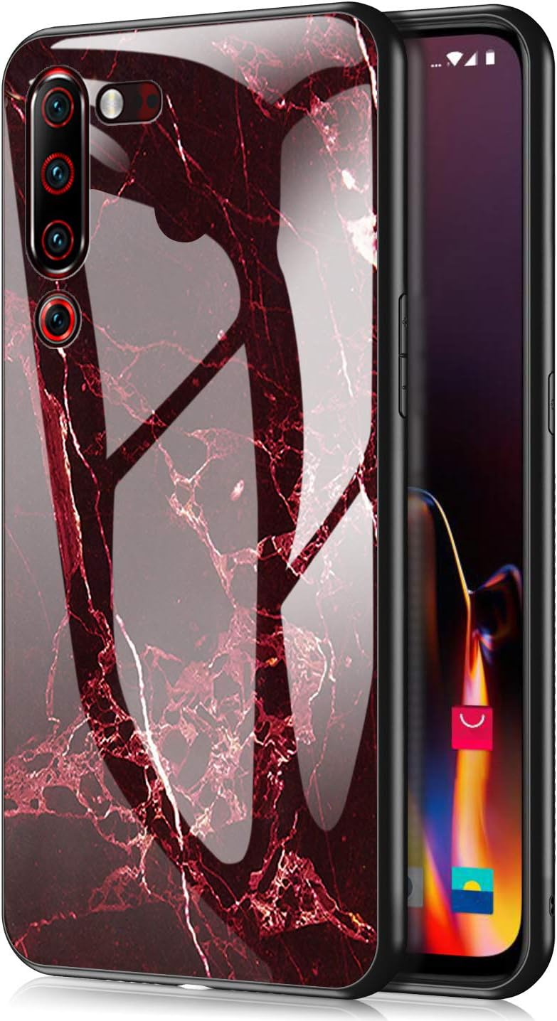 nancheng Case for Lenovo Z6 Pro, Marble Pattern 9H Tempered Glass Back Cover Anti Scratch Reinforced Corners Soft TPU Bumper Shockproof Case for Lenovo Z6 pro (Black+Red)